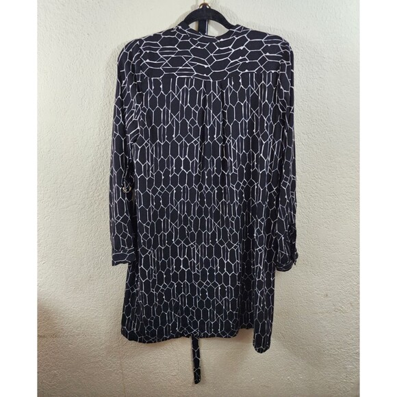 Apt 9 Womens M Black White Geometric Long Sleeve Button Up Belted Dress - Picture 7 of 10